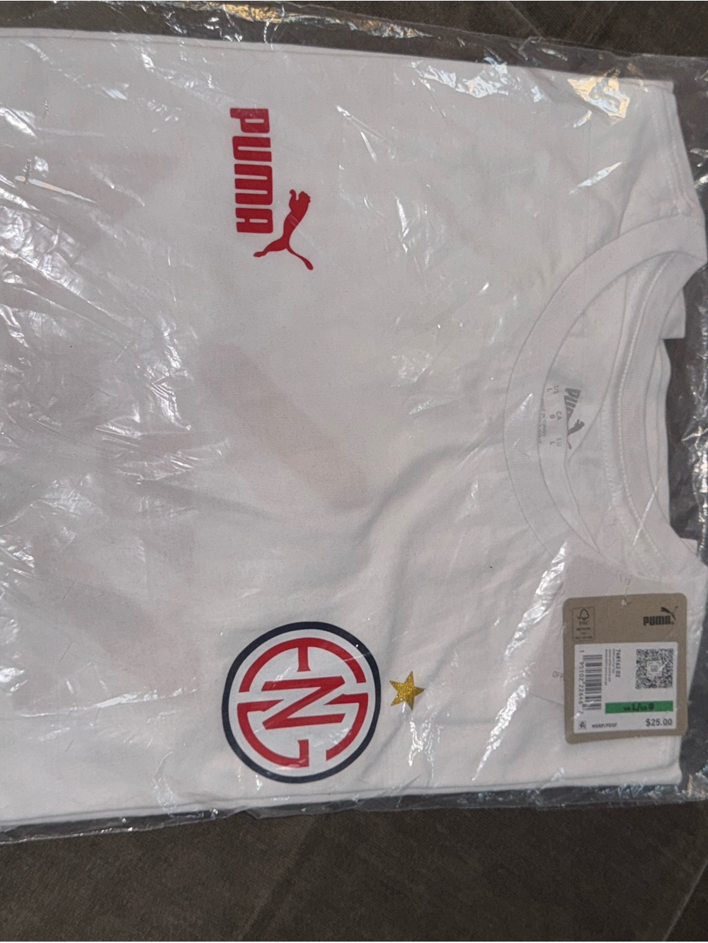 Puma White Short Sleeve Tee with Red Logo and Navy Emblem